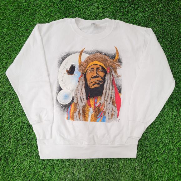 Vintage 90s Native-American Sweatshirt Womens Large 21x24 White - Picture 1 of 15